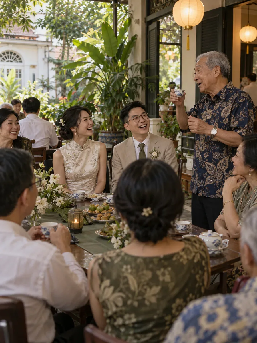 Illustrative wedding reception with a couple listening to an older relative’s toast.
