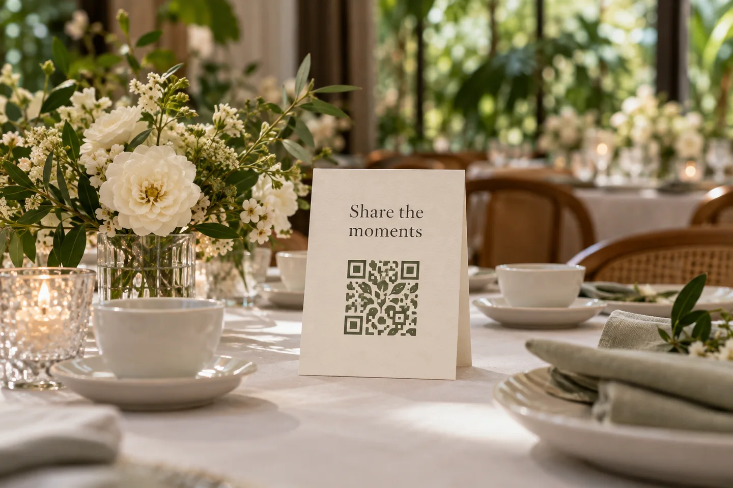 Illustrative wedding table with an ivory photo-sharing card, tea cups and white flowers.